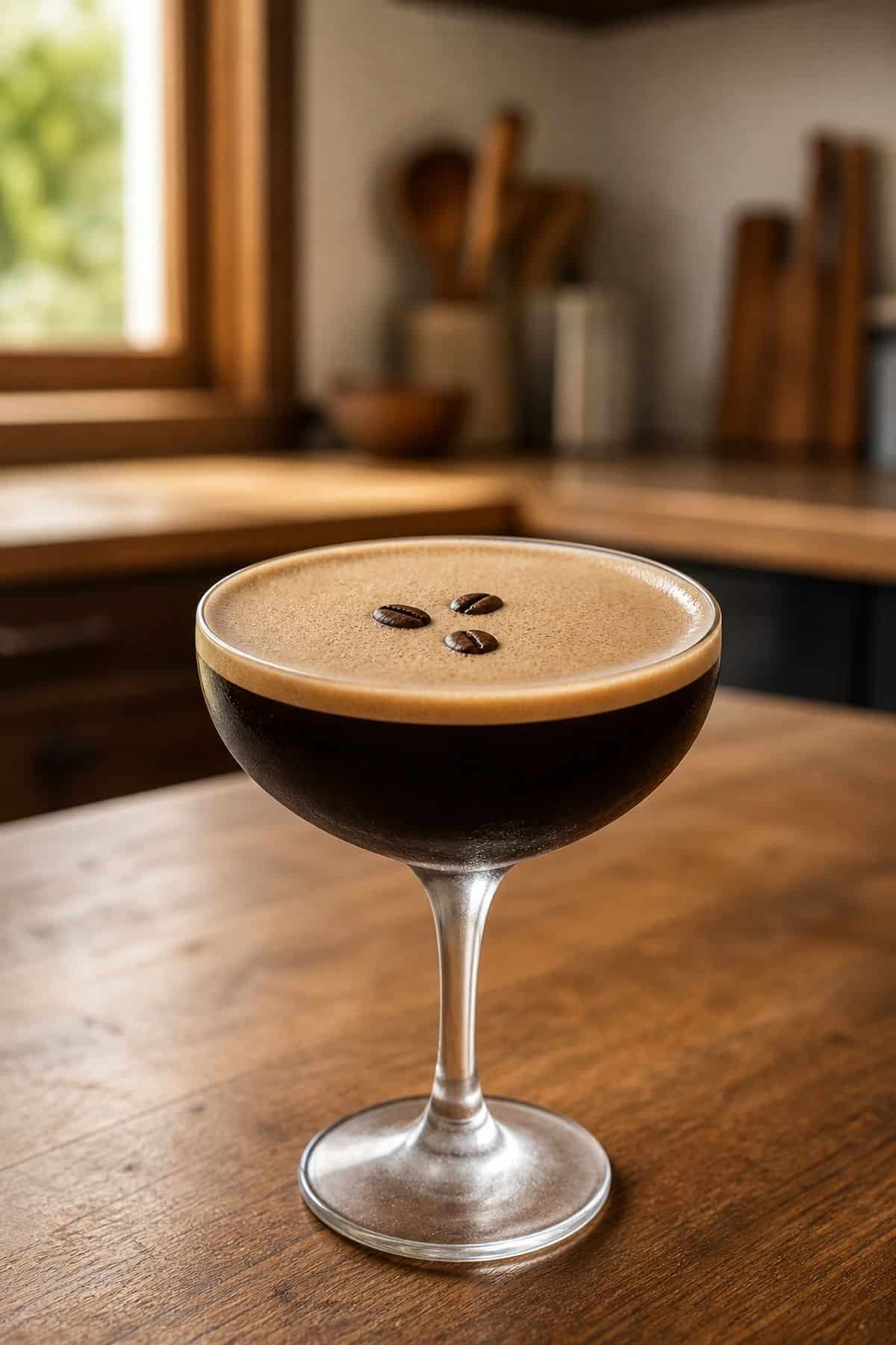 Coffee martini in a chilled coupe glass with crema foam and three coffee beans