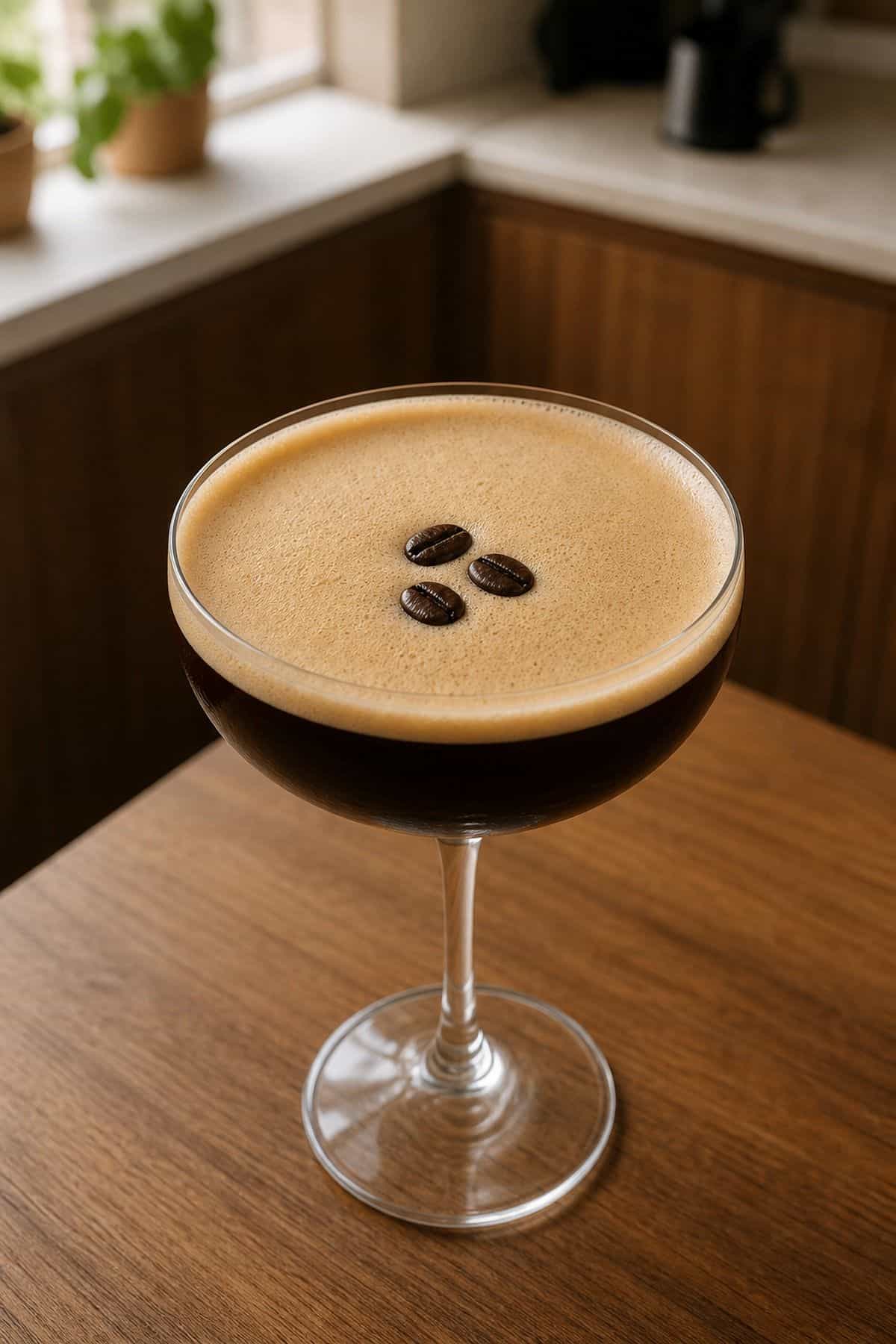 Close angled view of a coffee martini with espresso foam and three coffee beans