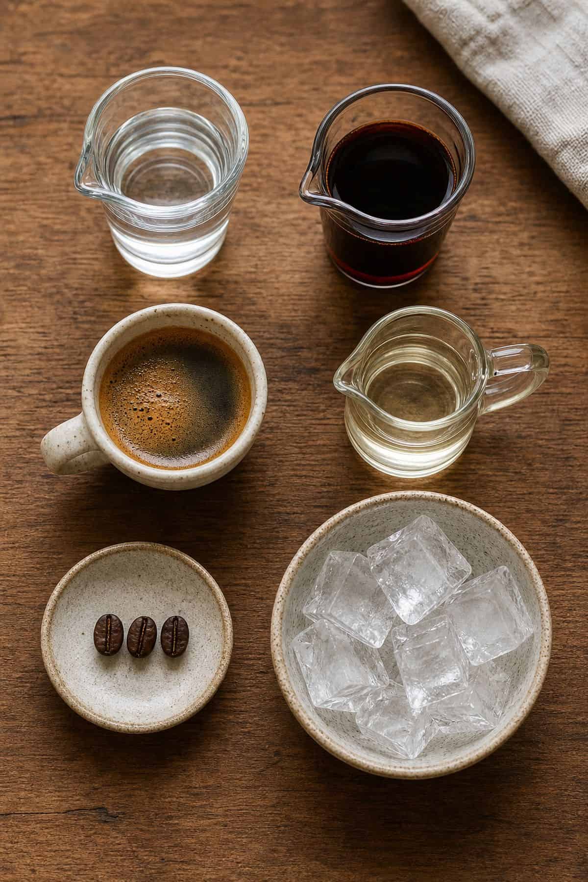 Measured coffee martini ingredients including vodka Kahlua espresso simple syrup coffee beans and ice