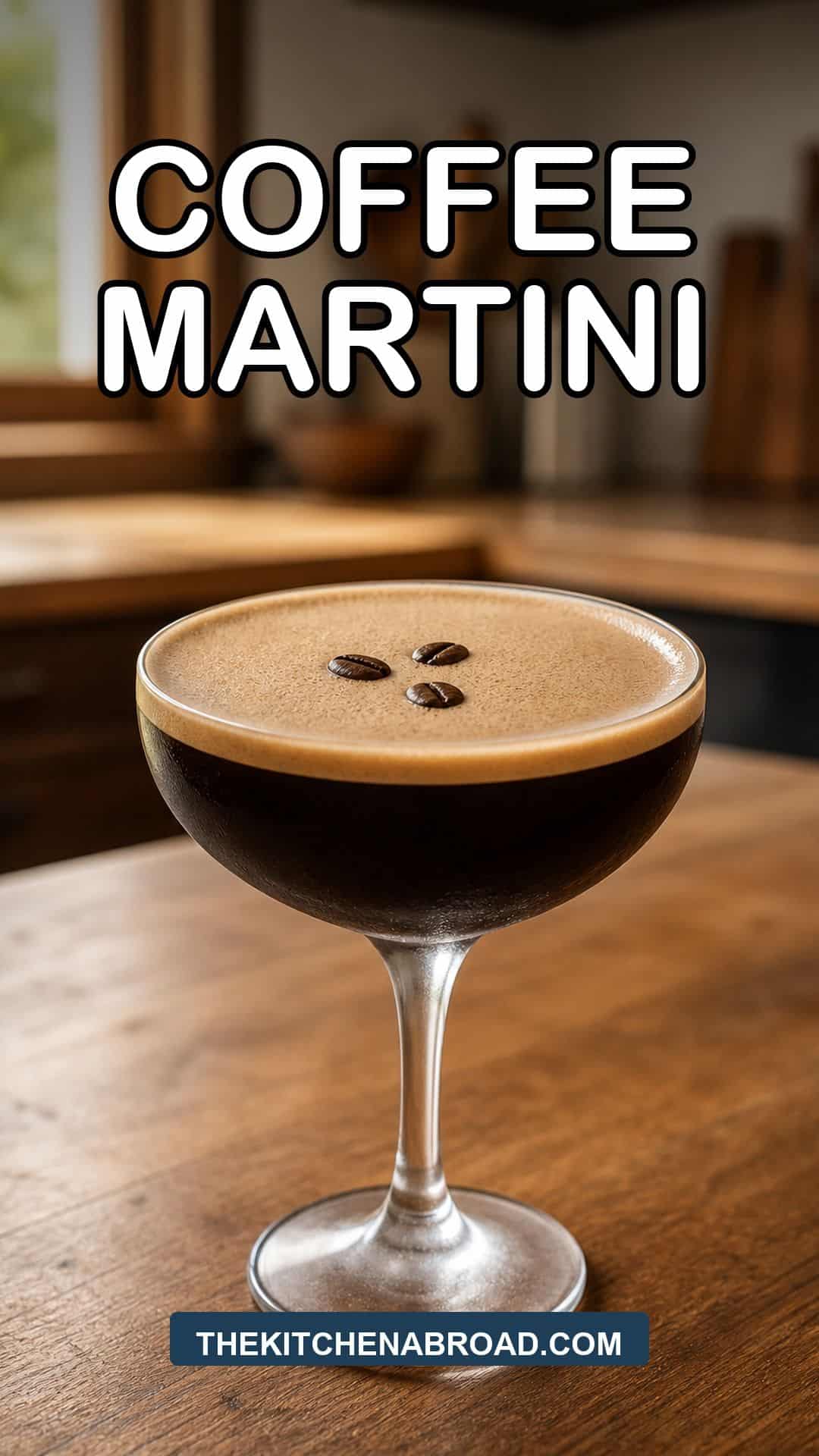 Pinterest pin for coffee martini recipe with a finished coffee martini in a coupe glass