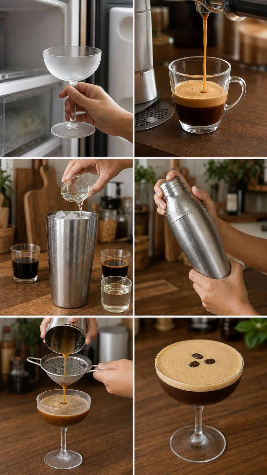 Six step photo grid showing how to chill a glass pull espresso shake strain and garnish a coffee martini