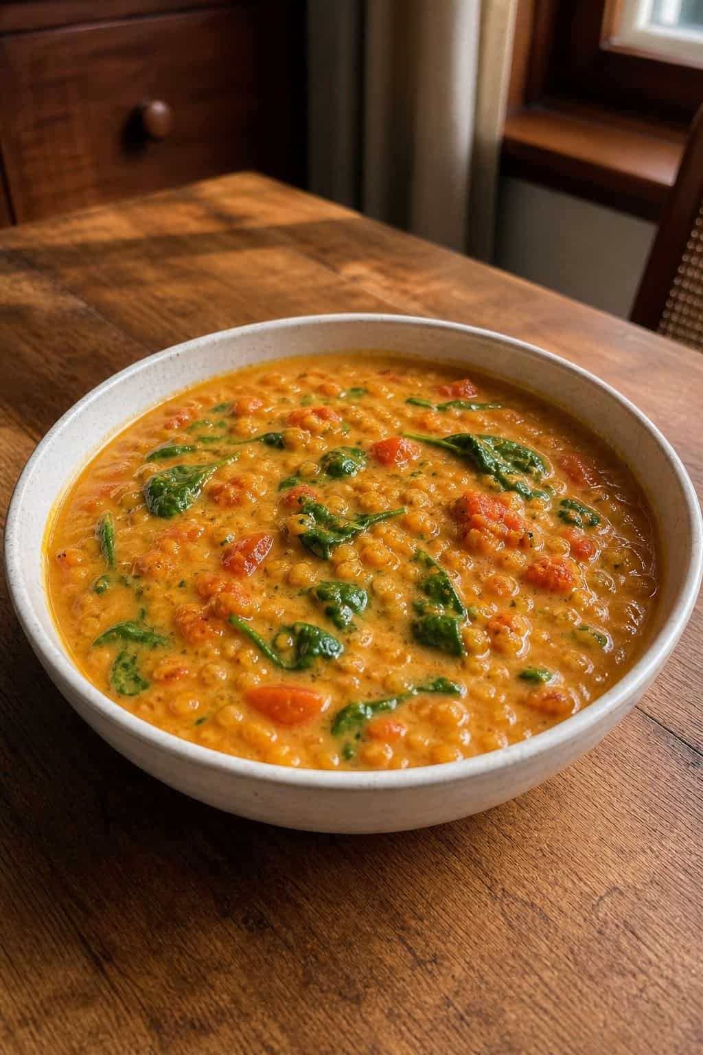 Quick Vegan Thai Curried Lentil Coconut Soup Vegan Thai curried lentil coconut soup in a ceramic bowl with a creamy golden coconut curry broth.