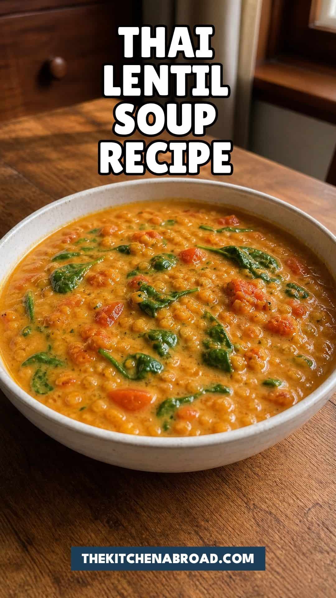Quick Vegan Thai Curried Lentil Coconut Soup Vegan Thai curried lentil coconut soup Pinterest pin with a warm bowl of coconut lentil soup.