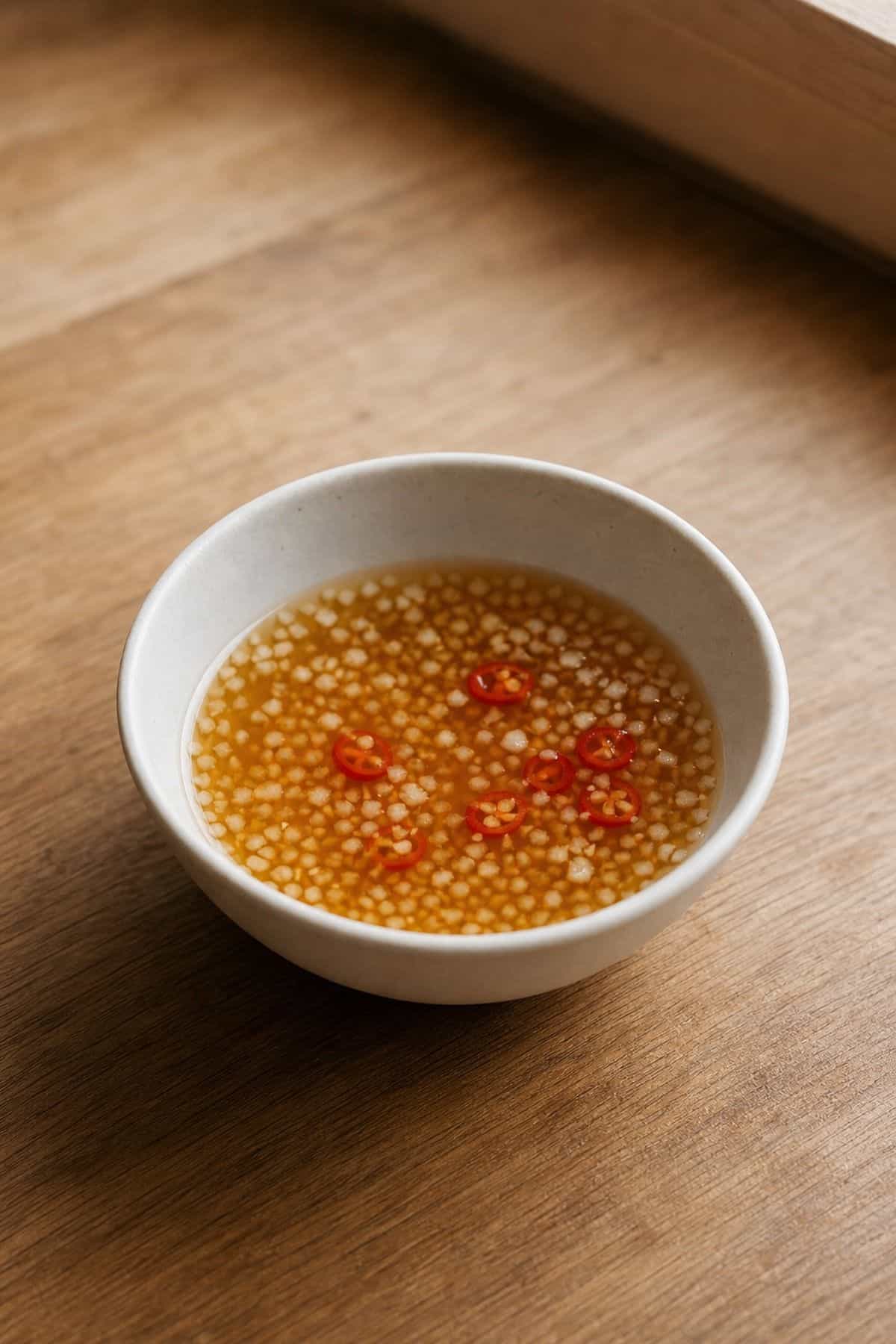 Vietnamese Fish Sauce Recipe: Nuoc Cham Dipping Sauce Vietnamese nuoc cham fish sauce dipping sauce with garlic and red chili in a small white bowl
