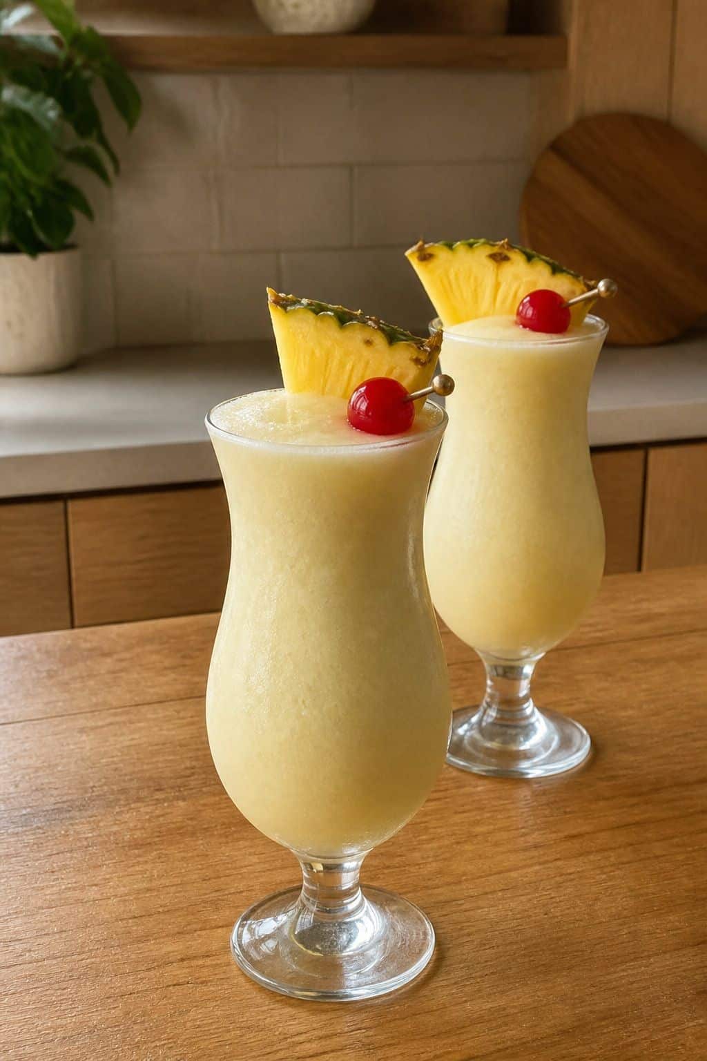 Two creamy virgin pina coladas with pineapple and cherry garnish