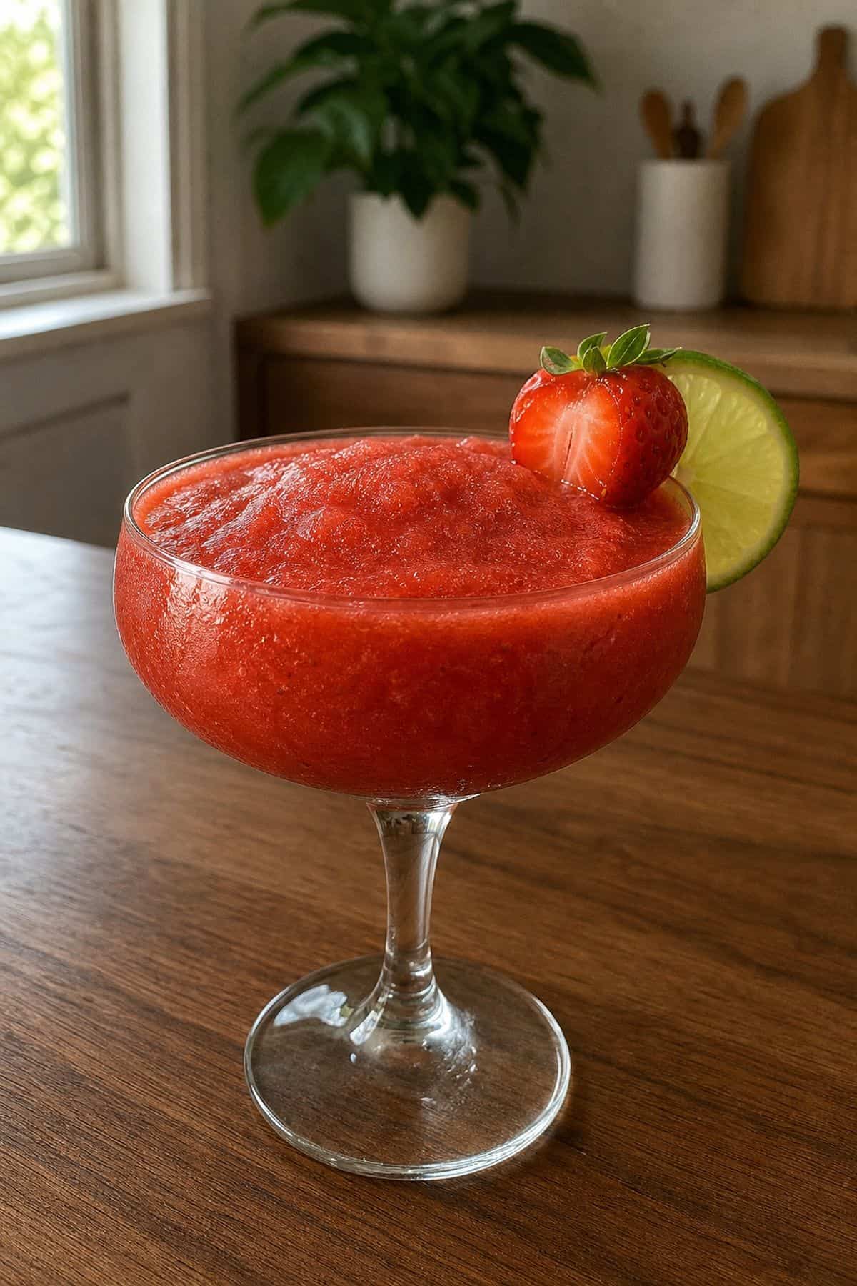 Frosty virgin strawberry daiquiri in a coupe glass with a strawberry garnish.