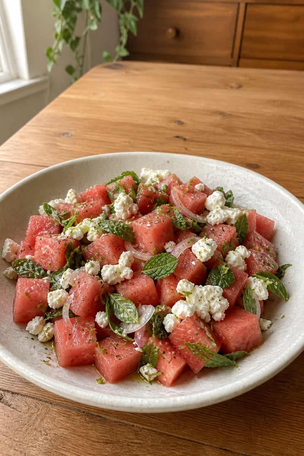 Watermelon Feta Salad Recipe with Mint and Lime Watermelon feta salad with juicy watermelon cubes, crumbled feta, and fresh mint in a rustic bowl.