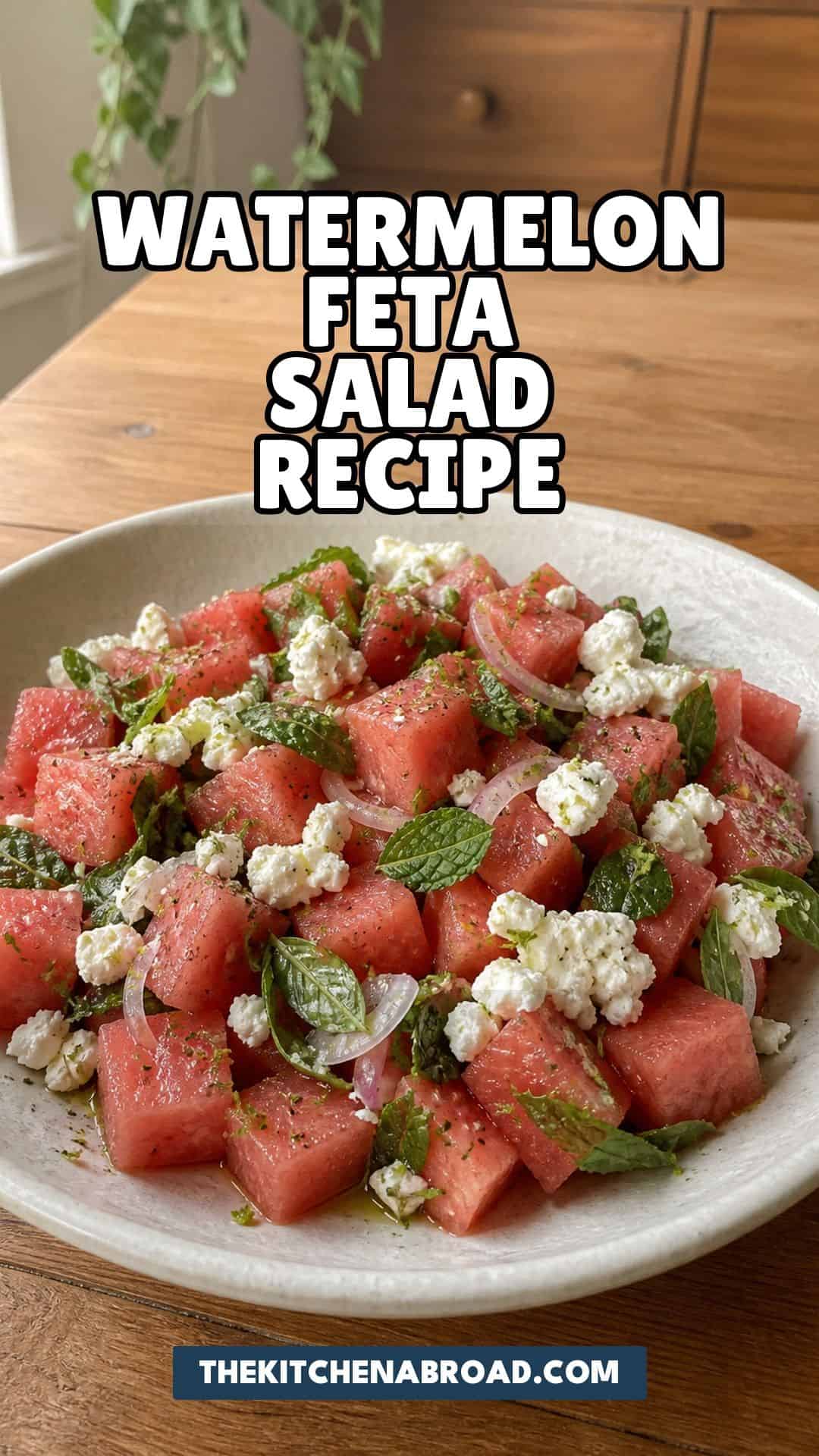 Watermelon Feta Salad Recipe with Mint and Lime Watermelon feta salad recipe pin with a rustic bowl of watermelon, feta, and mint.