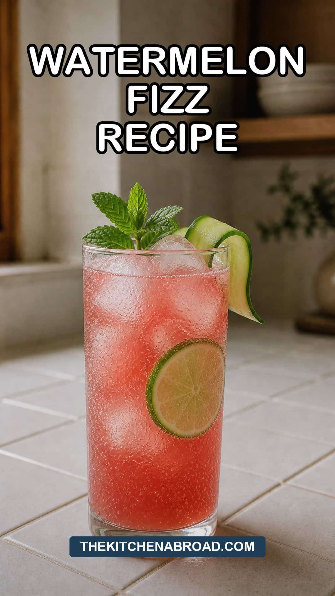 Watermelon fizz recipe pin with a chilled watermelon drink in a cozy kitchen.