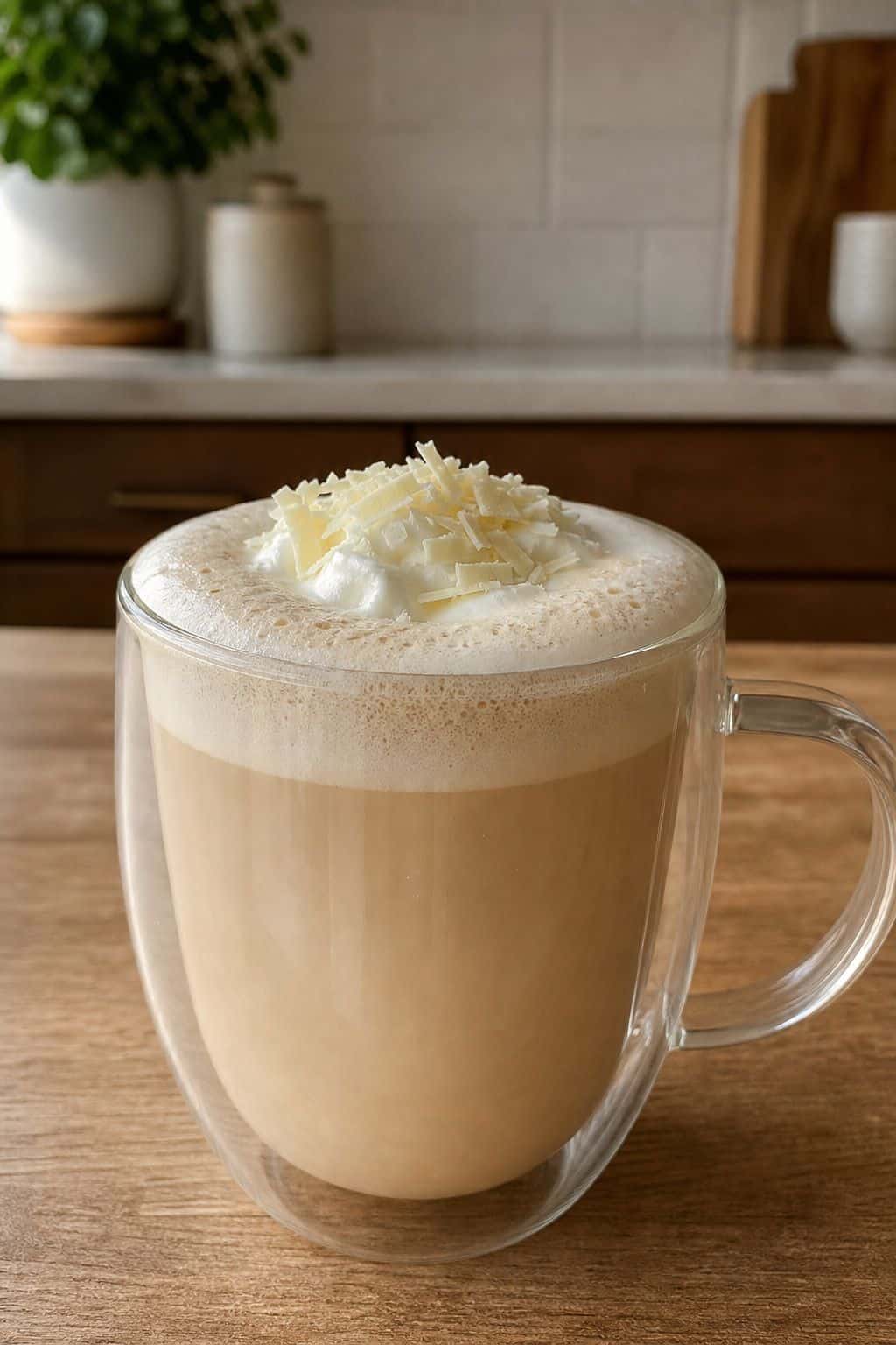 White Chocolate Coffee Recipe White chocolate coffee in a clear glass mug with foam and white chocolate shavings