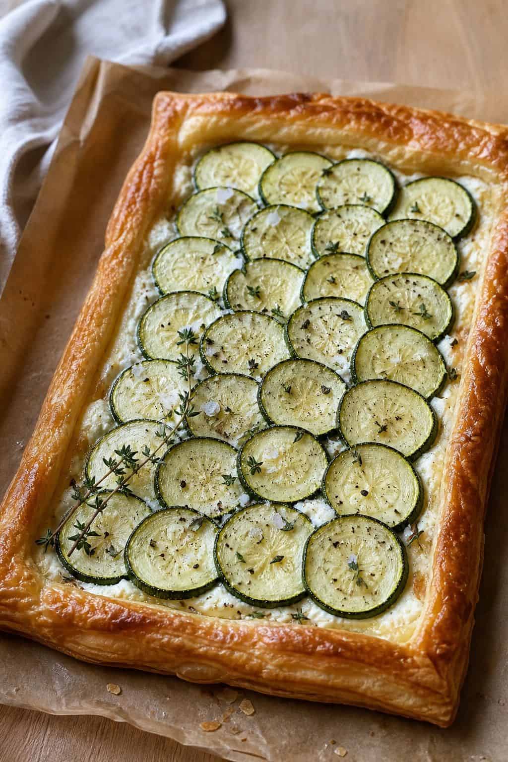 Zucchini goat cheese tart with golden puff pastry and overlapping zucchini slices.