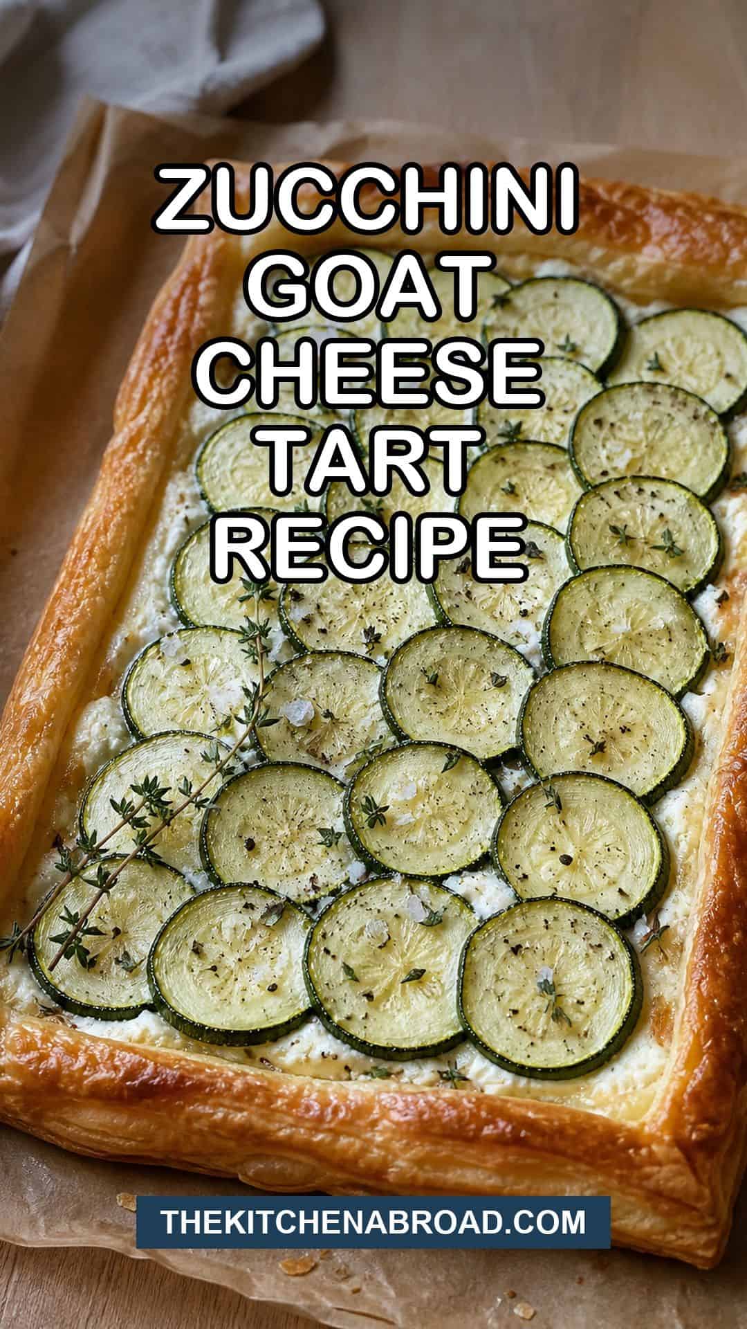Zucchini goat cheese tart recipe with golden puff pastry and zucchini slices.