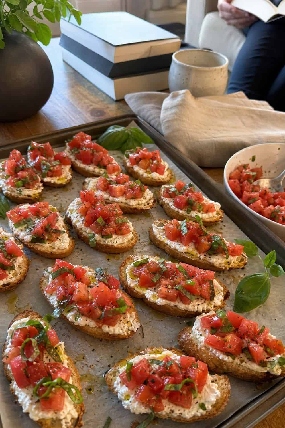 25 Book Club Food Ideas for Easy Conversation and Snacking 2. Make Tomato Feta Crostini for book club food ideas