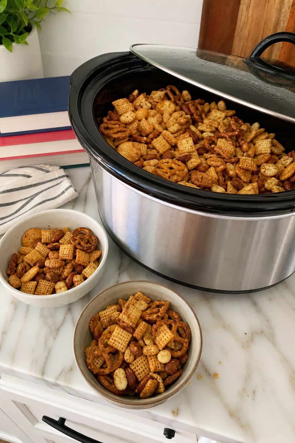 25 Book Club Food Ideas for Easy Conversation and Snacking 8. Set Out Slow Cooker Snack Mix for book club food ideas