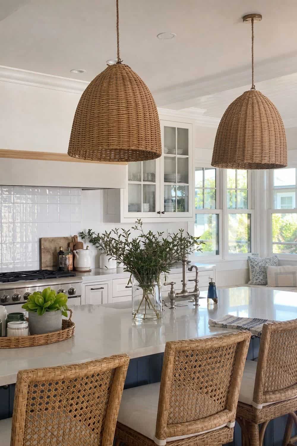 25 Coastal Kitchen Ideas for a Beautiful Kitchen Woven Pendant Lights Over the Island in a casual coastal kitchen