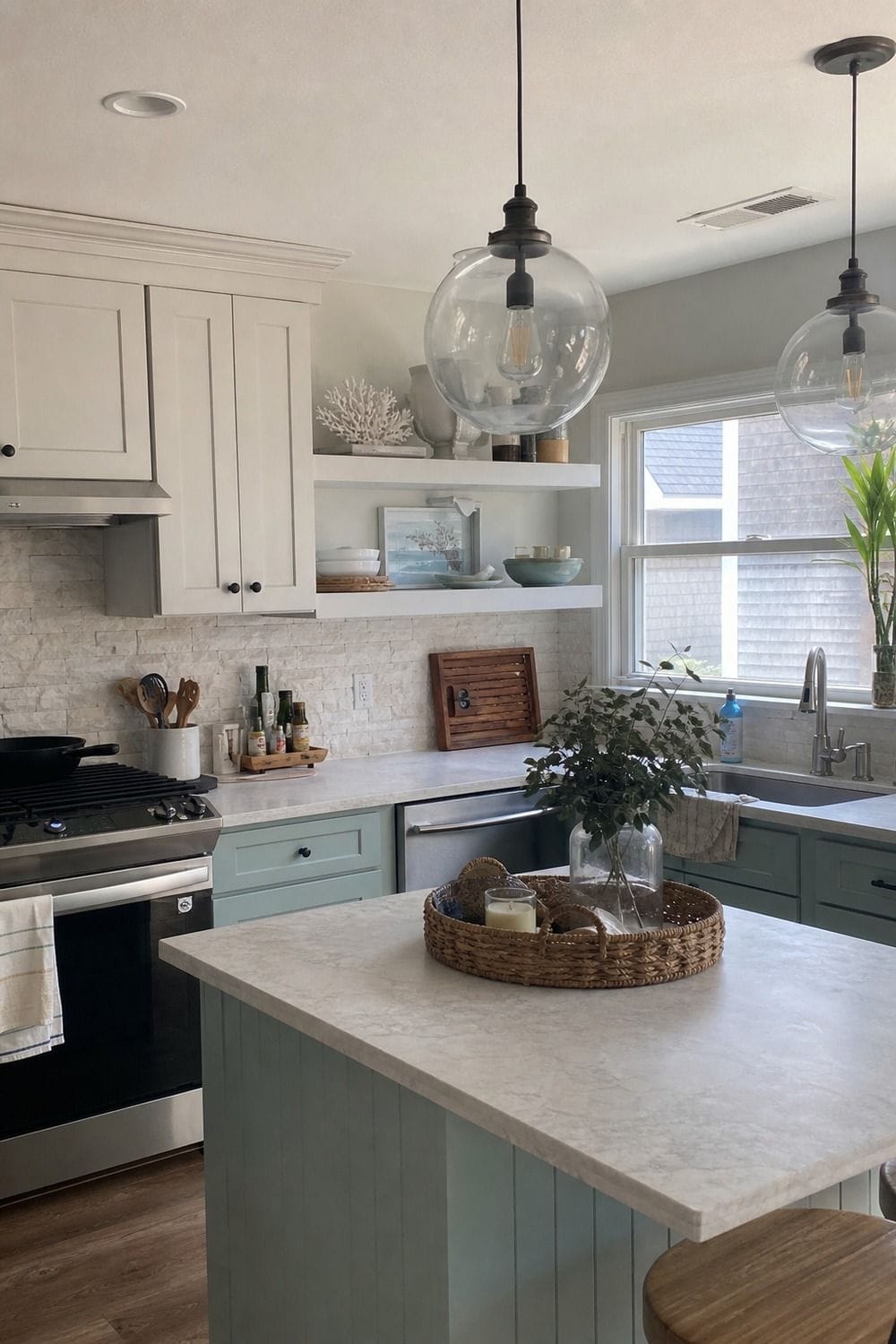 25 Coastal Kitchen Ideas for a Beautiful Kitchen Glass Globe Pendant Lights for an Airy Feel in a casual coastal kitchen