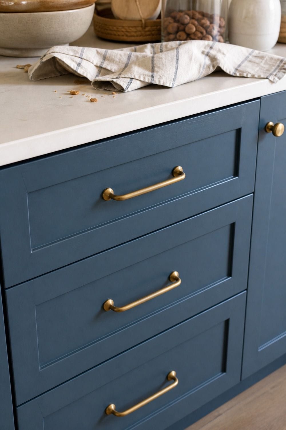 25 Coastal Kitchen Ideas for a Beautiful Kitchen Brass Cabinet Pulls With a Soft Finish in a casual coastal kitchen