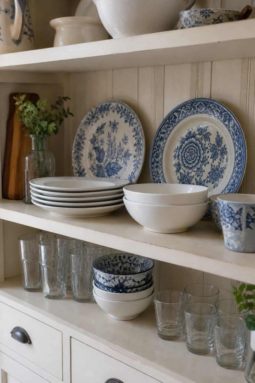25 Coastal Kitchen Ideas for a Beautiful Kitchen Blue and White Dinner Plates on Display in a casual coastal kitchen