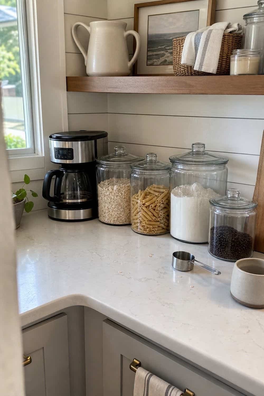 25 Coastal Kitchen Ideas for a Beautiful Kitchen Clear Glass Canisters for an Airy Pantry Corner in a casual coastal kitchen