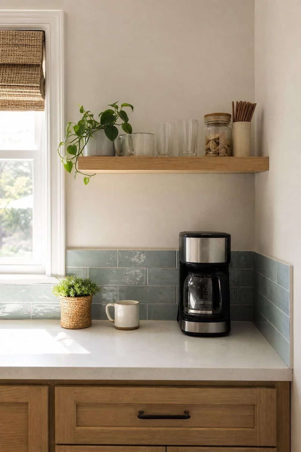 25 Coastal Kitchen Ideas for a Beautiful Kitchen White Oak Floating Shelf for a Coffee or Smoothie Corner in a casual coastal kitchen