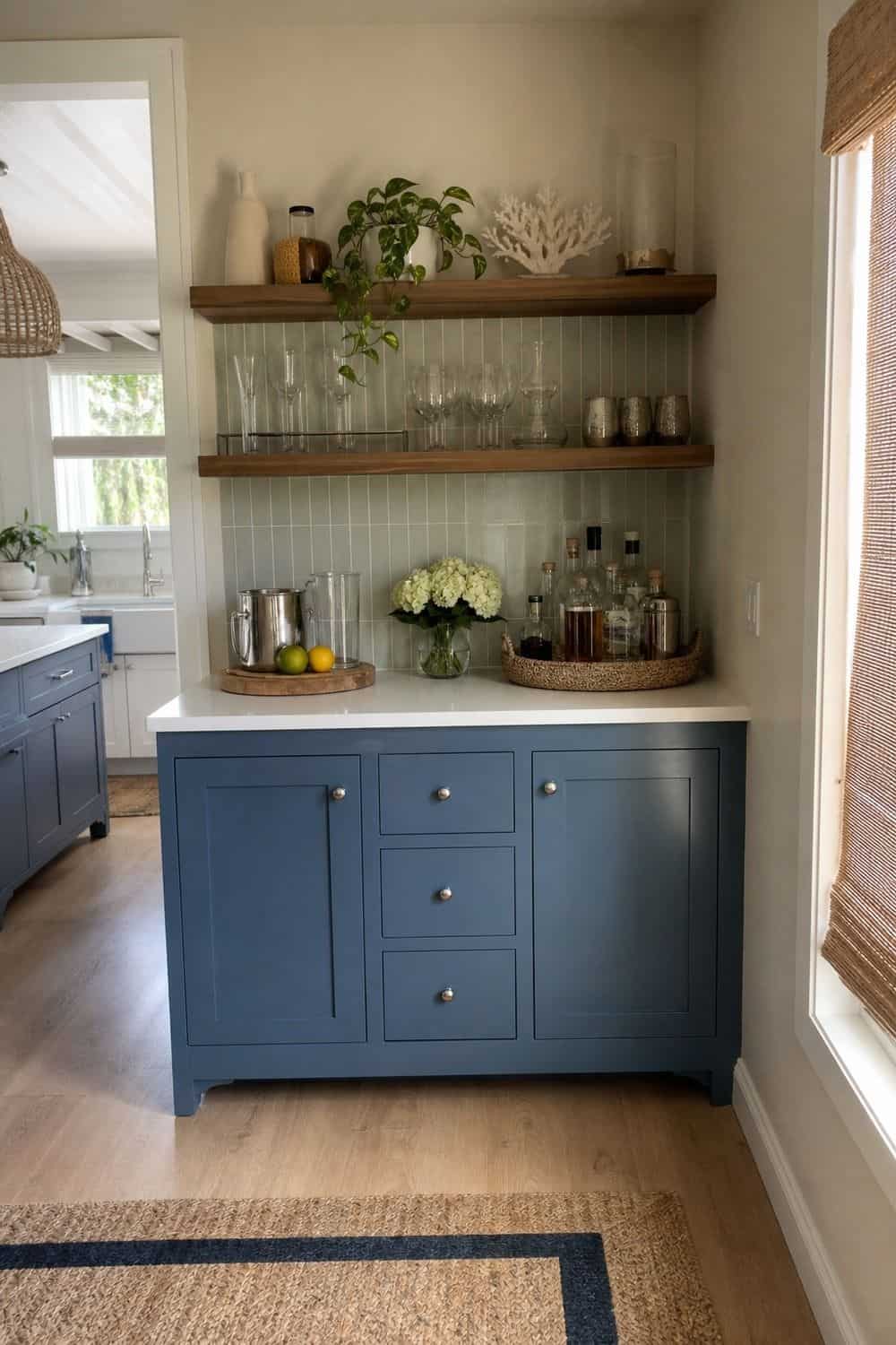 25 Coastal Kitchen Ideas for a Beautiful Kitchen Coastal Wet Bar With Blue Lower Cabinets in a casual coastal kitchen