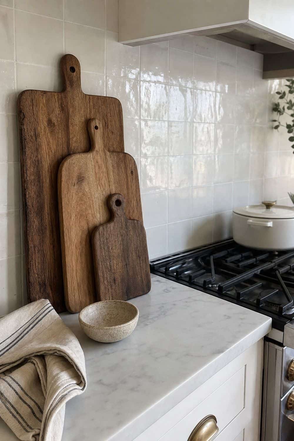 25 Coastal Kitchen Ideas for a Beautiful Kitchen Wooden Serving Board Stack by the Range in a casual coastal kitchen