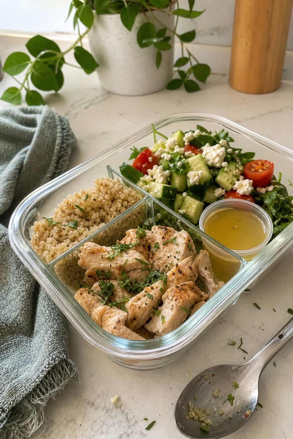 20 Cold Lunch Meal Prep Ideas That Make Life Easier 1. No-Reheat Chicken Grain Bowls cold lunch meal prep idea in a packed lunch container