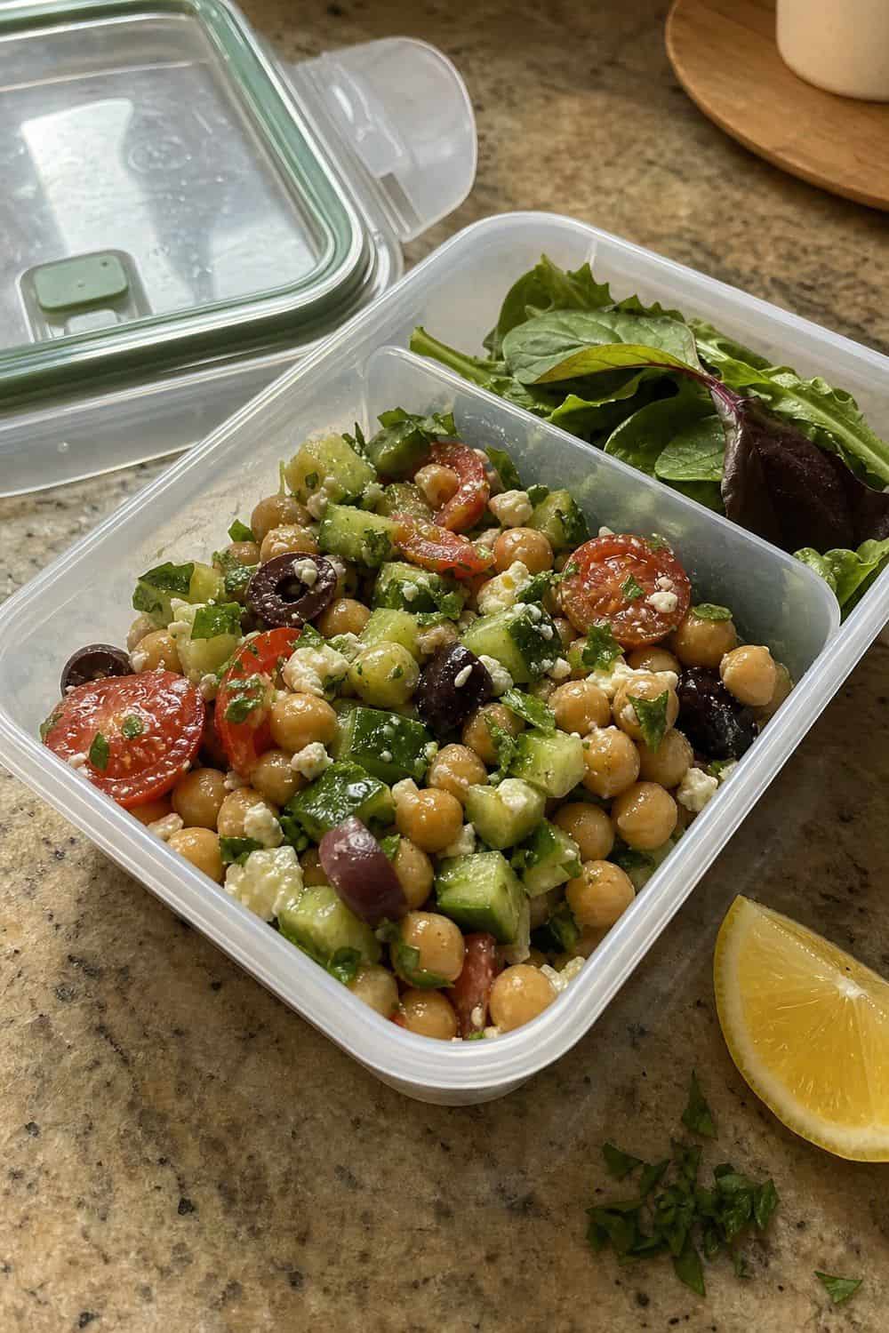 20 Cold Lunch Meal Prep Ideas That Make Life Easier 4. Mediterranean Chickpea Salad Containers cold lunch meal prep idea in a packed lunch container