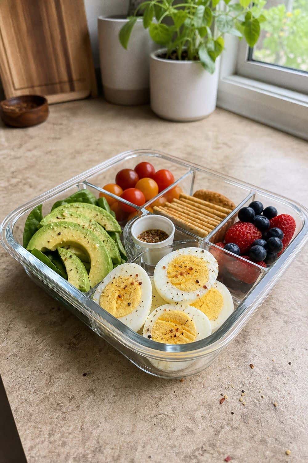20 Cold Lunch Meal Prep Ideas That Make Life Easier 7. Egg and Avocado Protein Boxes cold lunch meal prep idea in a packed lunch container