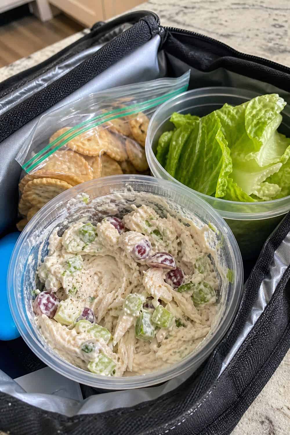 20 Cold Lunch Meal Prep Ideas That Make Life Easier 12. Greek Yogurt Chicken Salad Cups cold lunch meal prep idea in a packed lunch container