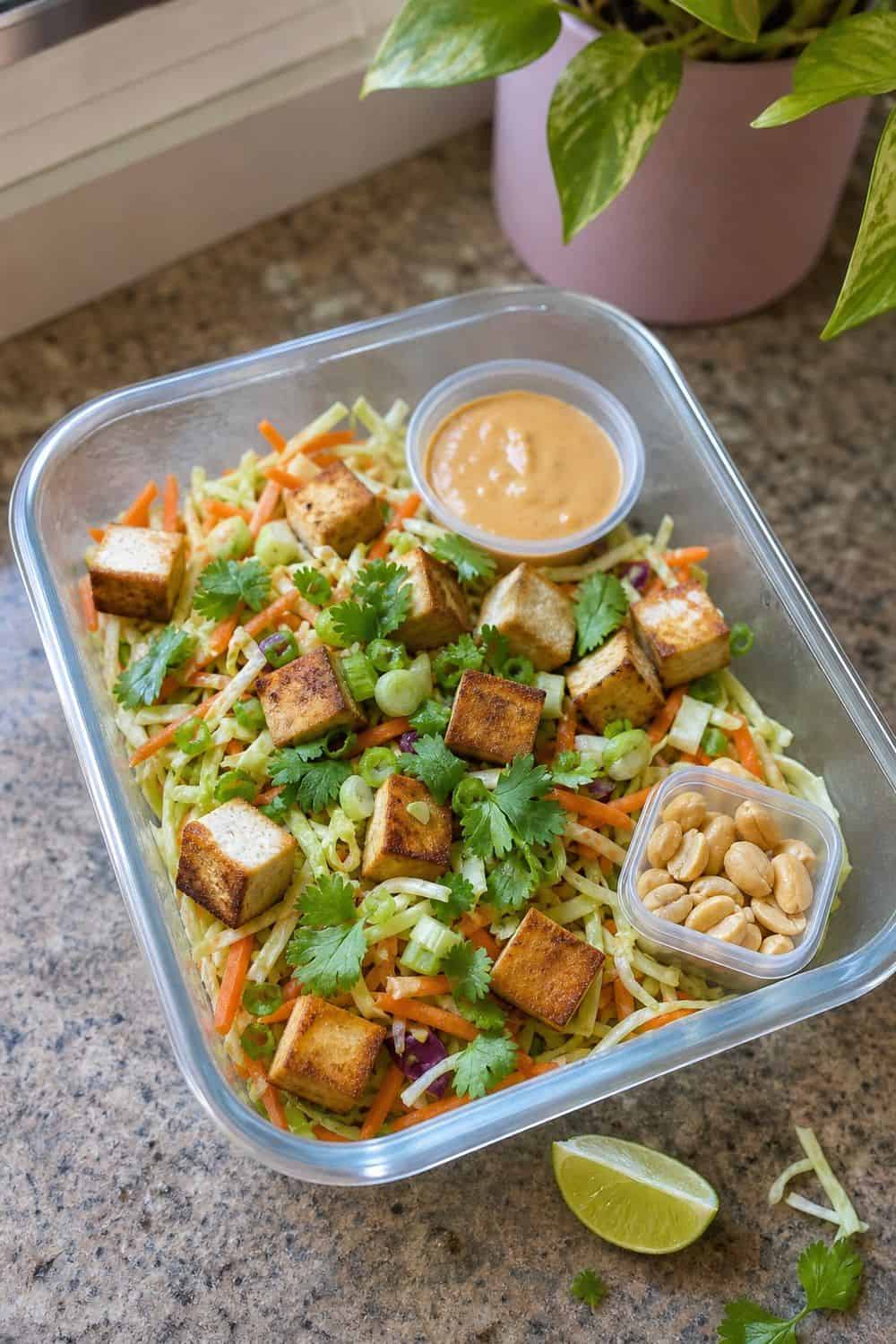 20 Cold Lunch Meal Prep Ideas That Make Life Easier 17. Cold Peanut Tofu Slaw cold lunch meal prep idea in a packed lunch container