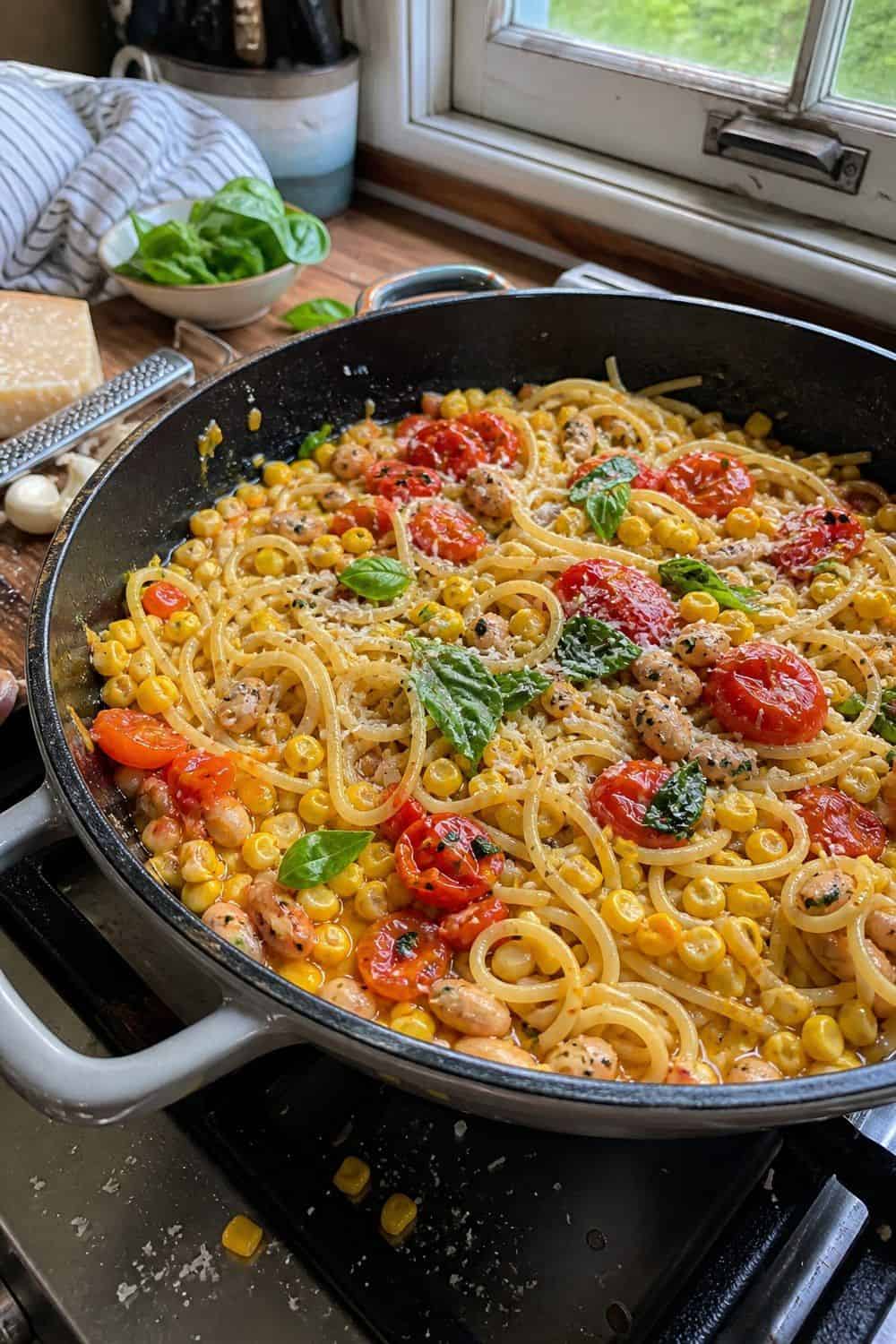 15 Farm Stand Dinner Ideas for Cozy Food Moments Tomato Corn Pasta Skillet