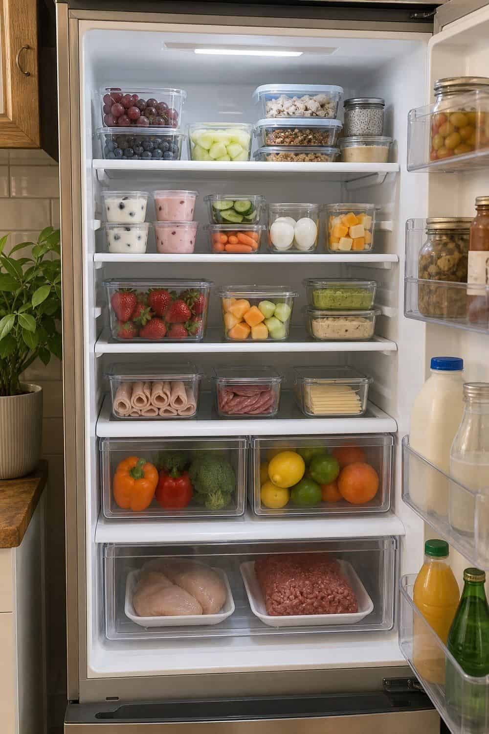 25 Fridge Organization Ideas for Less Food Waste 3. Ready-to-Eat Food on the Upper Shelves fridge organization idea for less food waste