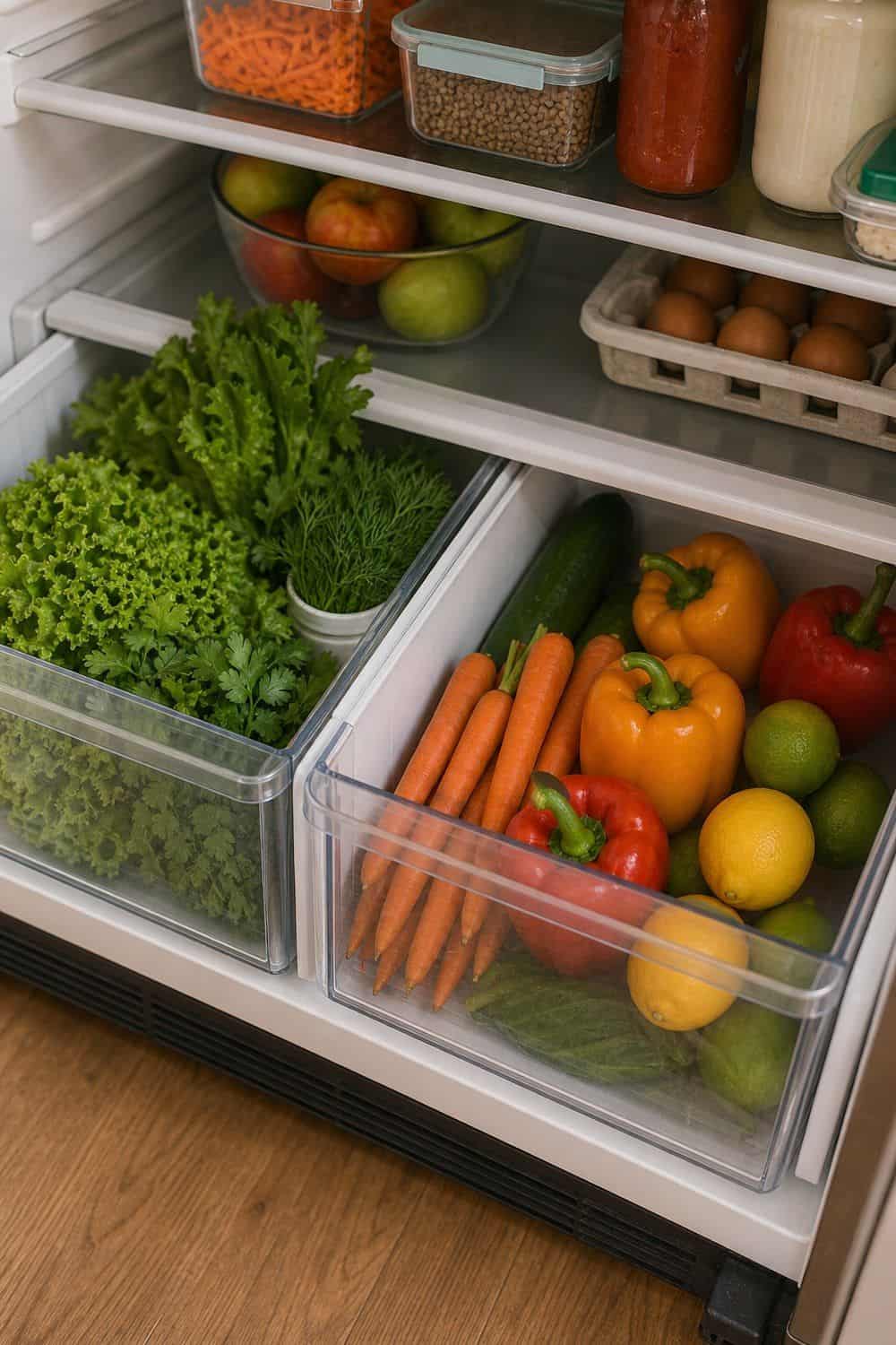 25 Fridge Organization Ideas for Less Food Waste 9. Crisper Drawers With a Real Produce Job fridge organization idea for less food waste