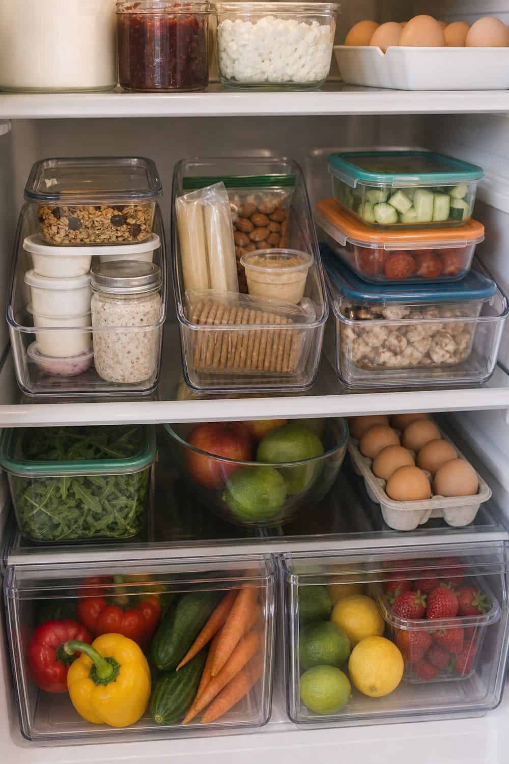 25 Fridge Organization Ideas for Less Food Waste 12. Clear Bins for Category Zones fridge organization idea for less food waste