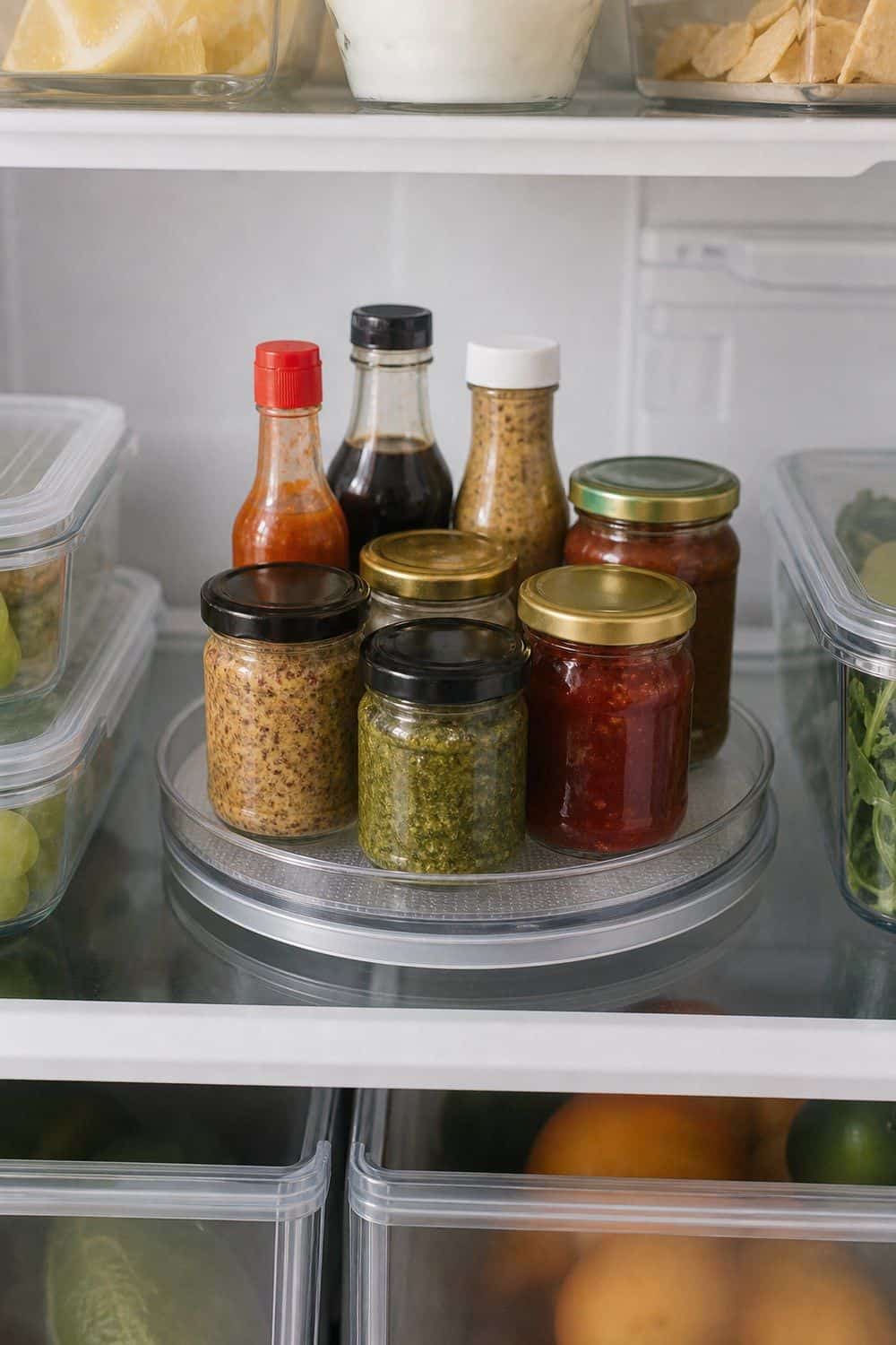 25 Fridge Organization Ideas for Less Food Waste 14. Small Condiments on a Turntable fridge organization idea for less food waste