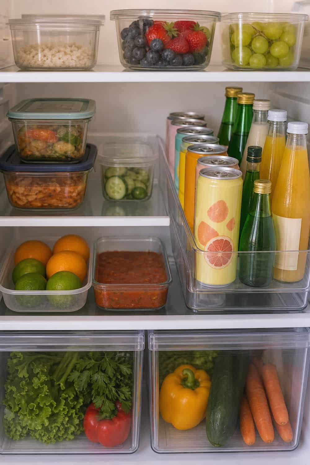 25 Fridge Organization Ideas for Less Food Waste 20. Drinks Without Losing Food Space fridge organization idea for less food waste