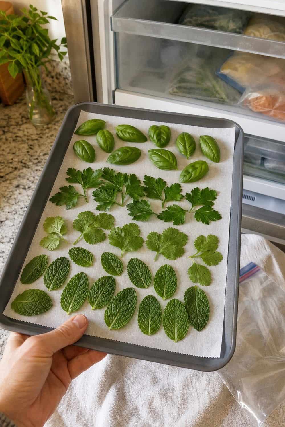20 Herb Storage Ideas That Keep Food Fresh 13. Freeze Whole Herb Leaves Flat for 20 Herb Storage Ideas That Keep Food Fresh