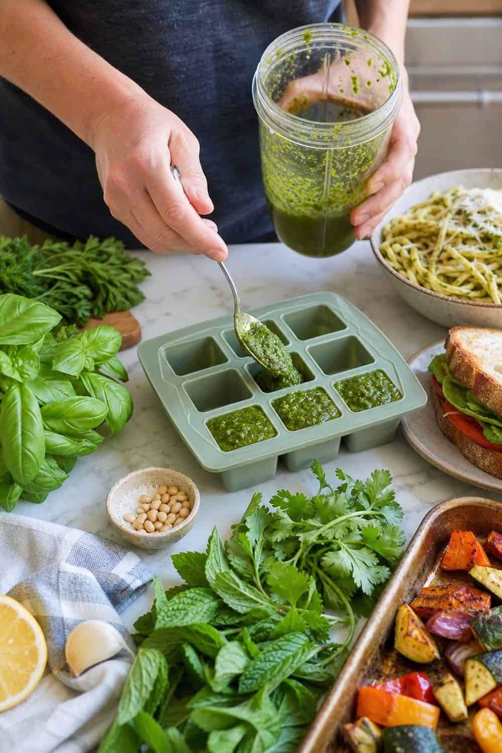 20 Herb Storage Ideas That Keep Food Fresh 18. Make a Pesto Freezer Tray for 20 Herb Storage Ideas That Keep Food Fresh