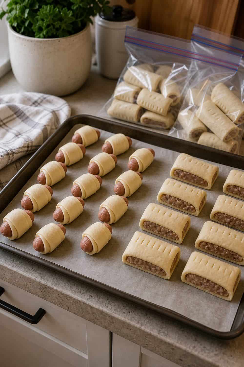 20 Holiday Freezer Prep Ideas That Make Life Easier Unbaked Pigs in Blankets or Sausage Rolls for holiday freezer prep