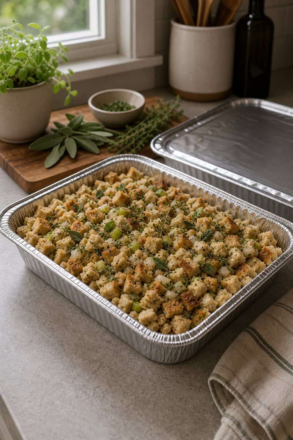 20 Holiday Freezer Prep Ideas That Make Life Easier Stuffing or Dressing in a Freezer Pan for holiday freezer prep