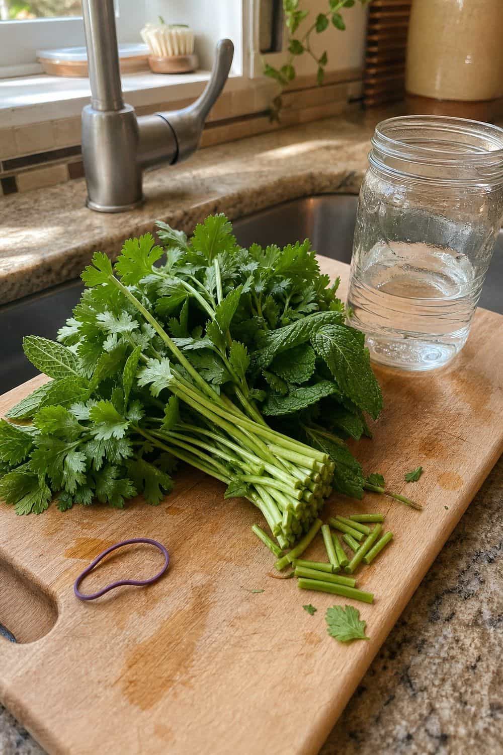 How to Store Herbs So They Stay Fresh how to store herbs 02 trim the stems before bouquet storage section photo