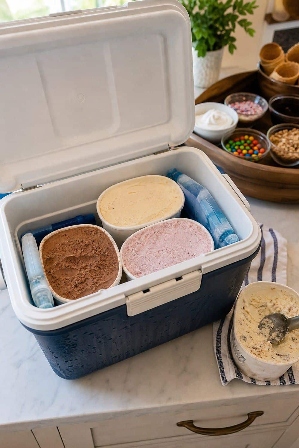 25 Ice Cream Bar Ideas for a Fun Self-Serve Dessert Table 2. Keep Backup Tubs in an Insulated Cooler setup for an ice cream bar