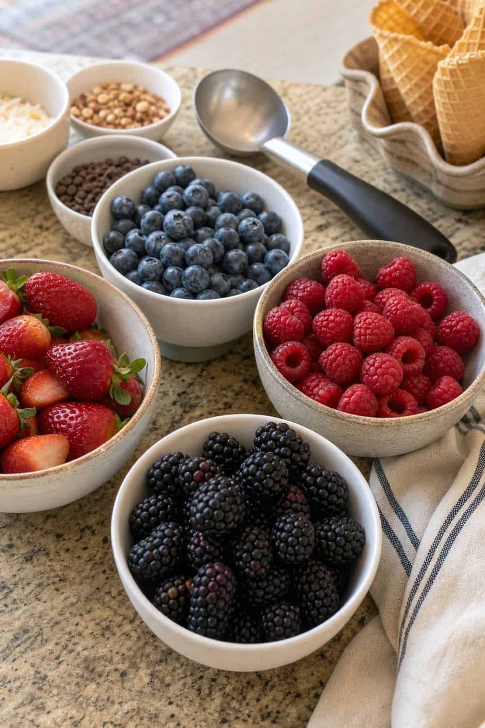 25 Ice Cream Bar Ideas for a Fun Self-Serve Dessert Table 9. Add Fresh Berry Bowls setup for an ice cream bar