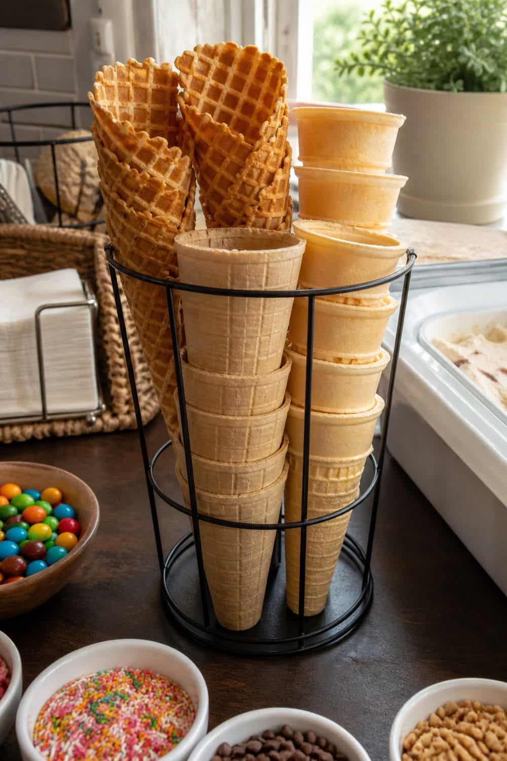 25 Ice Cream Bar Ideas for a Fun Self-Serve Dessert Table 11. Set Out Waffle Cones in a Tall Holder setup for an ice cream bar
