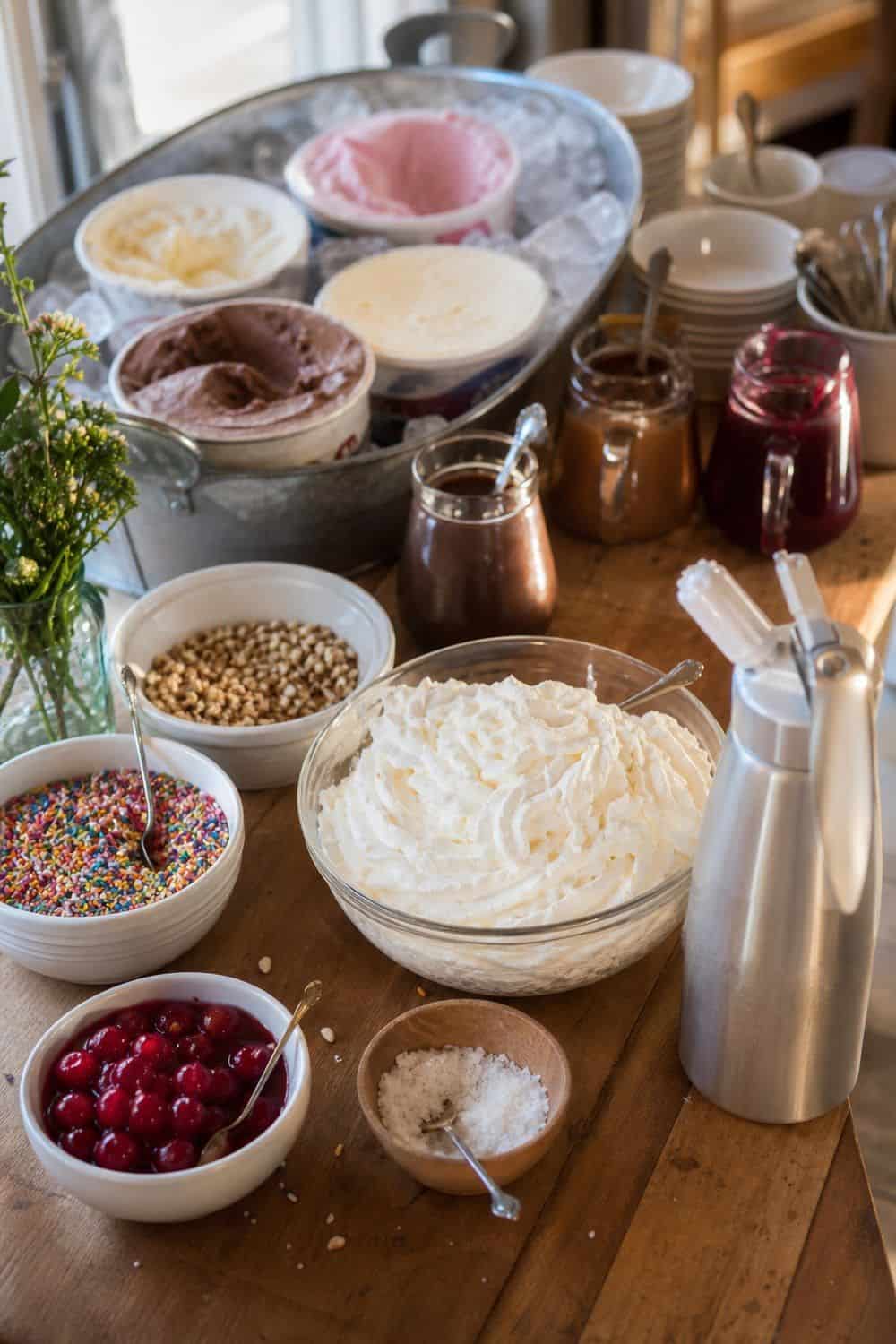 25 Ice Cream Bar Ideas for a Fun Self-Serve Dessert Table 13. Put Whipped Cream Near the Finishing Toppings setup for an ice cream bar