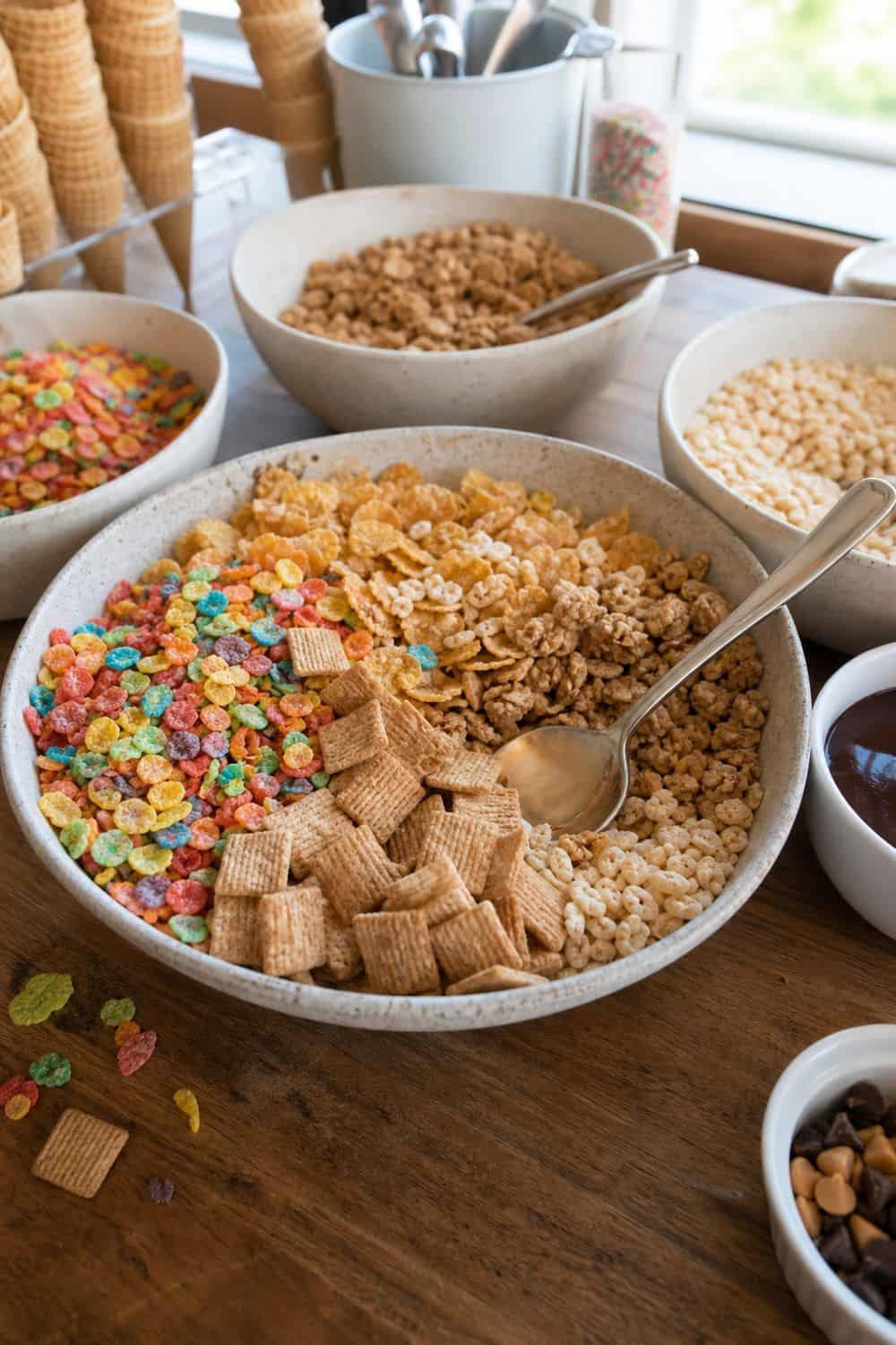 25 Ice Cream Bar Ideas for a Fun Self-Serve Dessert Table 19. Create a Crunchy Cereal Topping Bowl setup for an ice cream bar