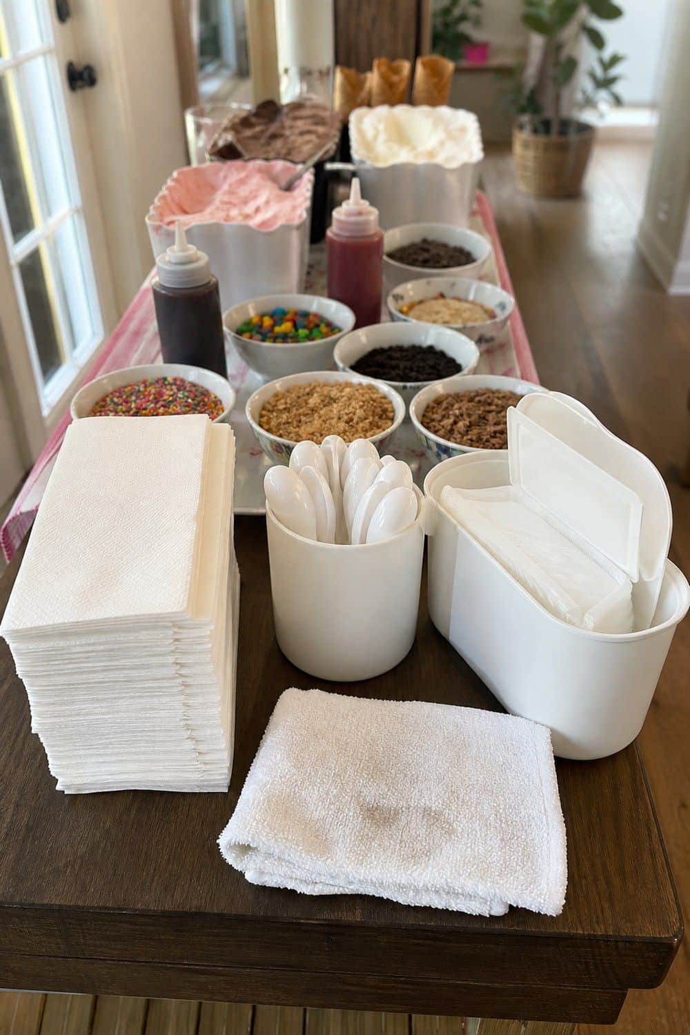 25 Ice Cream Bar Ideas for a Fun Self-Serve Dessert Table 23. Keep Napkins, Spoons, and Wipes at the End setup for an ice cream bar