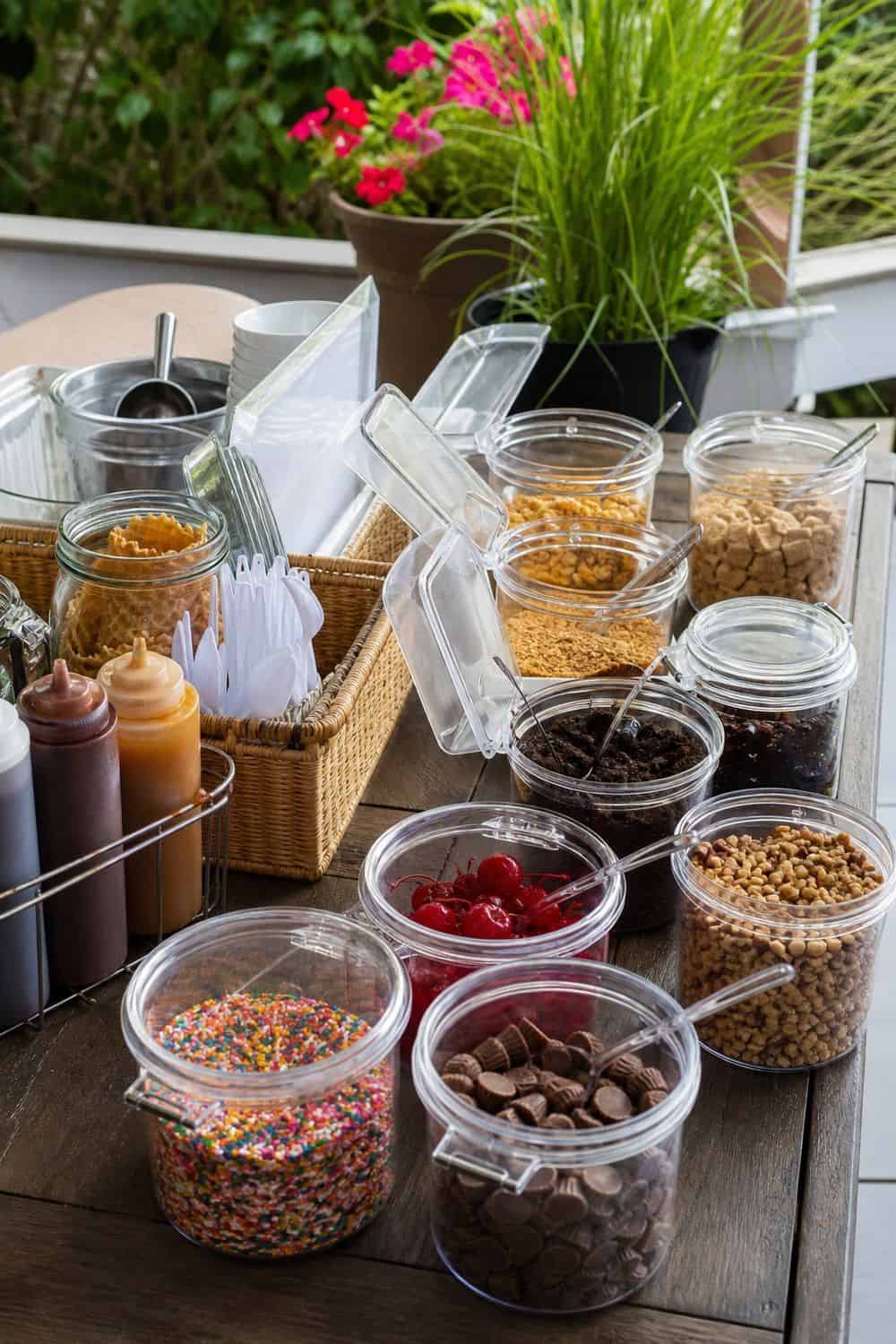25 Ice Cream Bar Ideas for a Fun Self-Serve Dessert Table 24. Use Lidded Topping Containers Outdoors setup for an ice cream bar