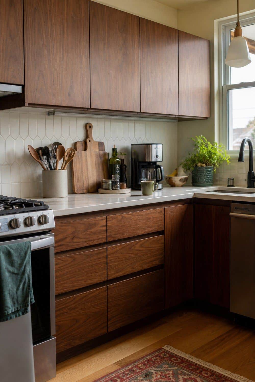 1. Walnut Cabinet Fronts in a casual mid-century modern kitchen with realistic retro warmth and everyday home details